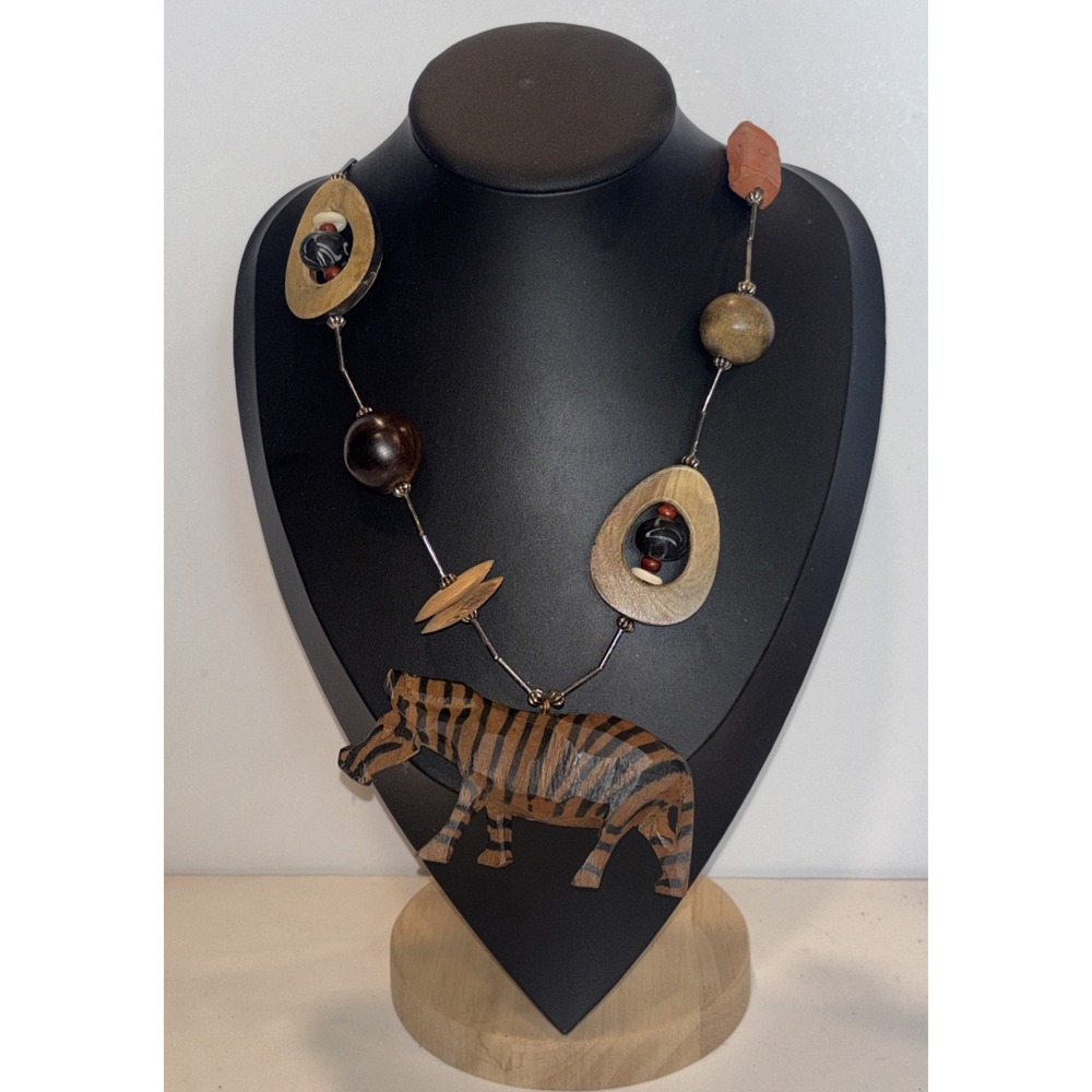 Vintage Hand Carved Wood Zebra Pendant Necklace - Safari Boho Ethnic 18"